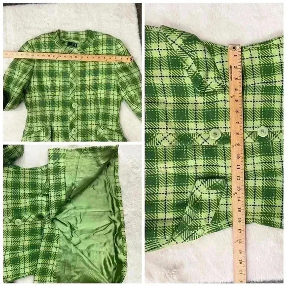 Vintage Mila Schön Wool Coat Green Plaid Italian Tailored Jacket Size 44 US 6 - Picture 5 of 5